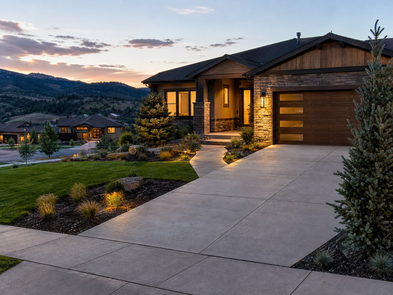 Finished residential concrete driveway and walkway on a home across [Your Service Area] at dusk