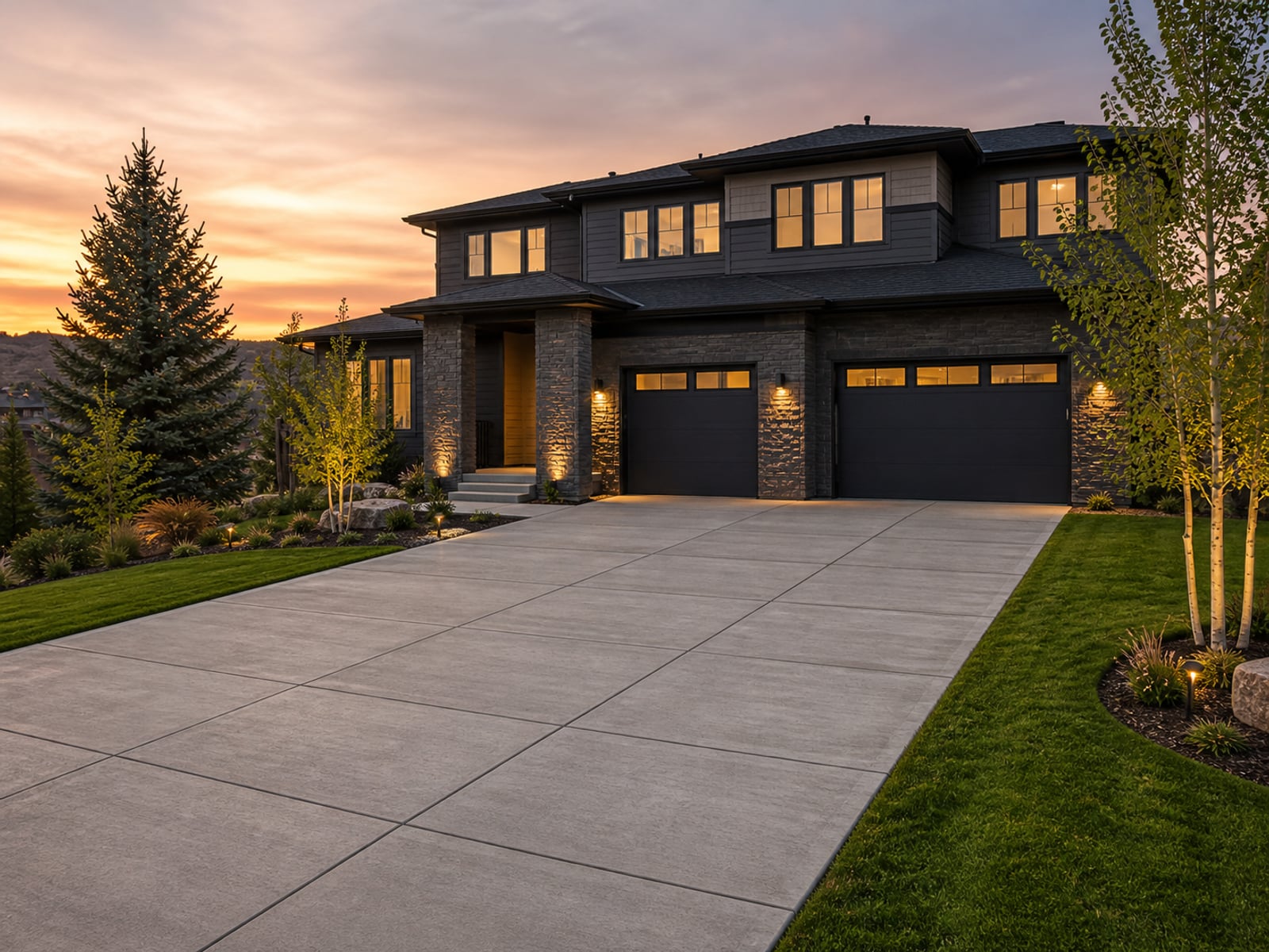 Long residential concrete driveway leading to a modern two-story home in [Your City] at dusk